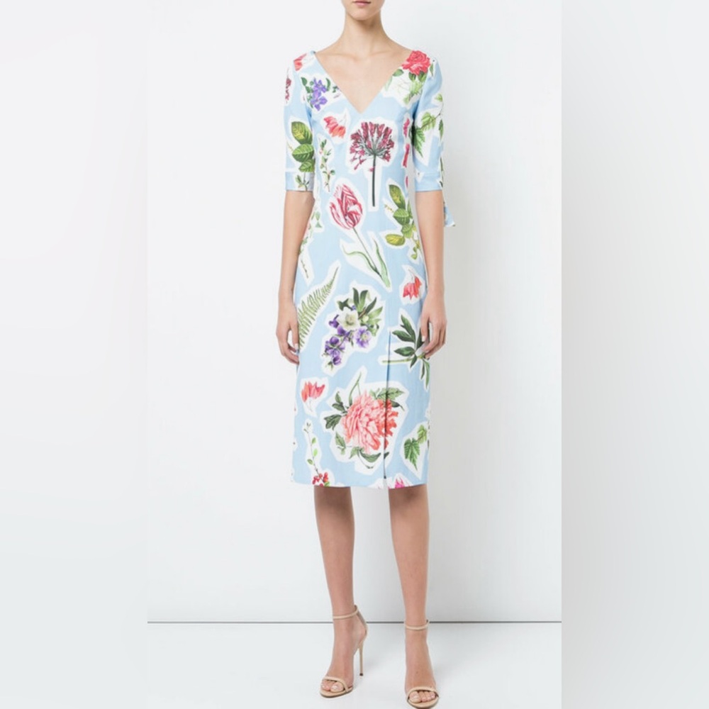 Carolina Herrera New V Neck Floral Print Cotton Blend Sheath Dress Sz 12 $1,590